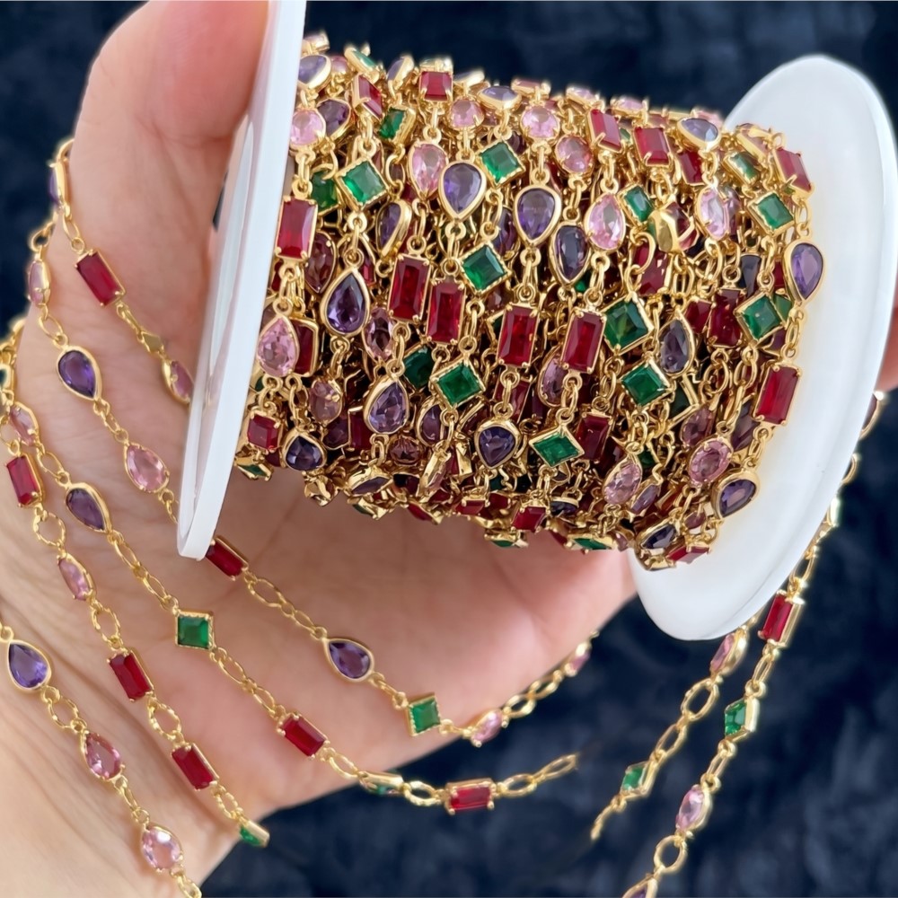 Pearl Trim Chain - 1meter Mix Colored Rectangular Rhinestone Oval