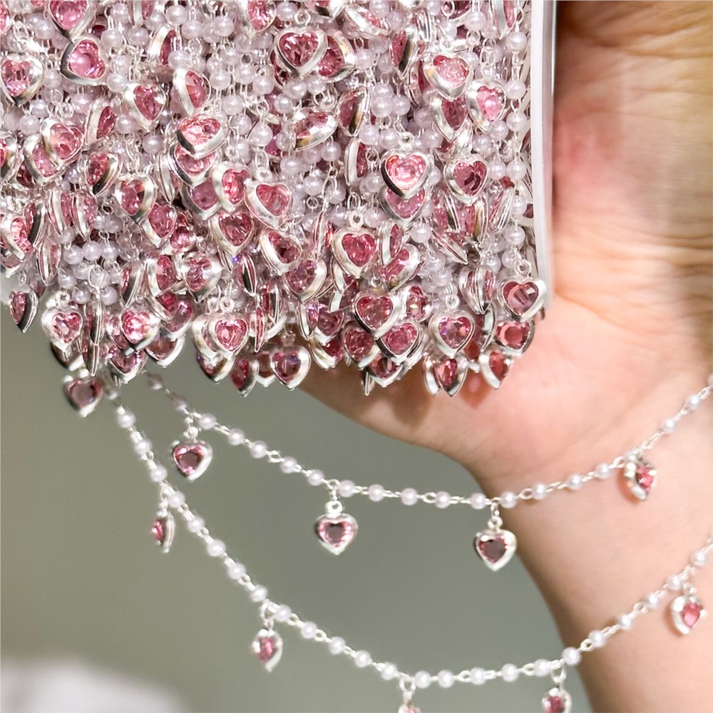 Pearl Trim Chain - 0.5Meter/1Meter Pink Crystal Heart Brass Chain